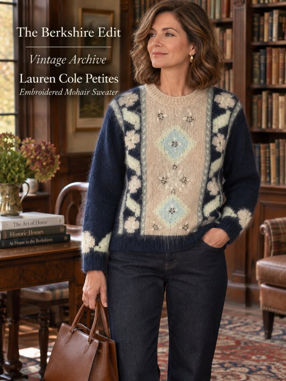 Vintage Lauren Cole Mohair Wool Embroidered Floral Sweater 80s 90s Petite M